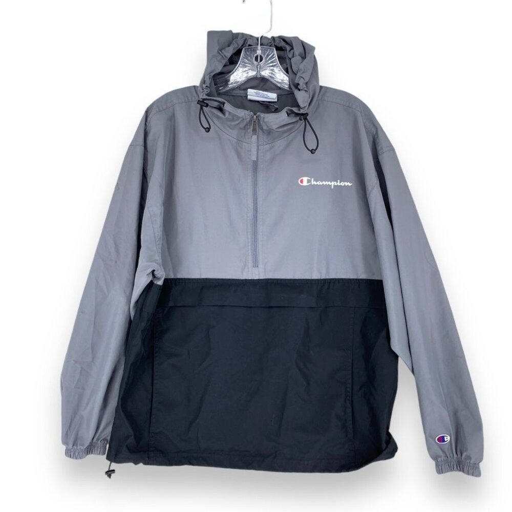 Champion Windbreaker Mens M Grey Black Colorblock Half Zip Hooded Jacket Logo